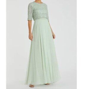 NWT Mac Duggal Sage Green Chiffon Gown w/ Fully Beaded 3/4 Sleeve Top